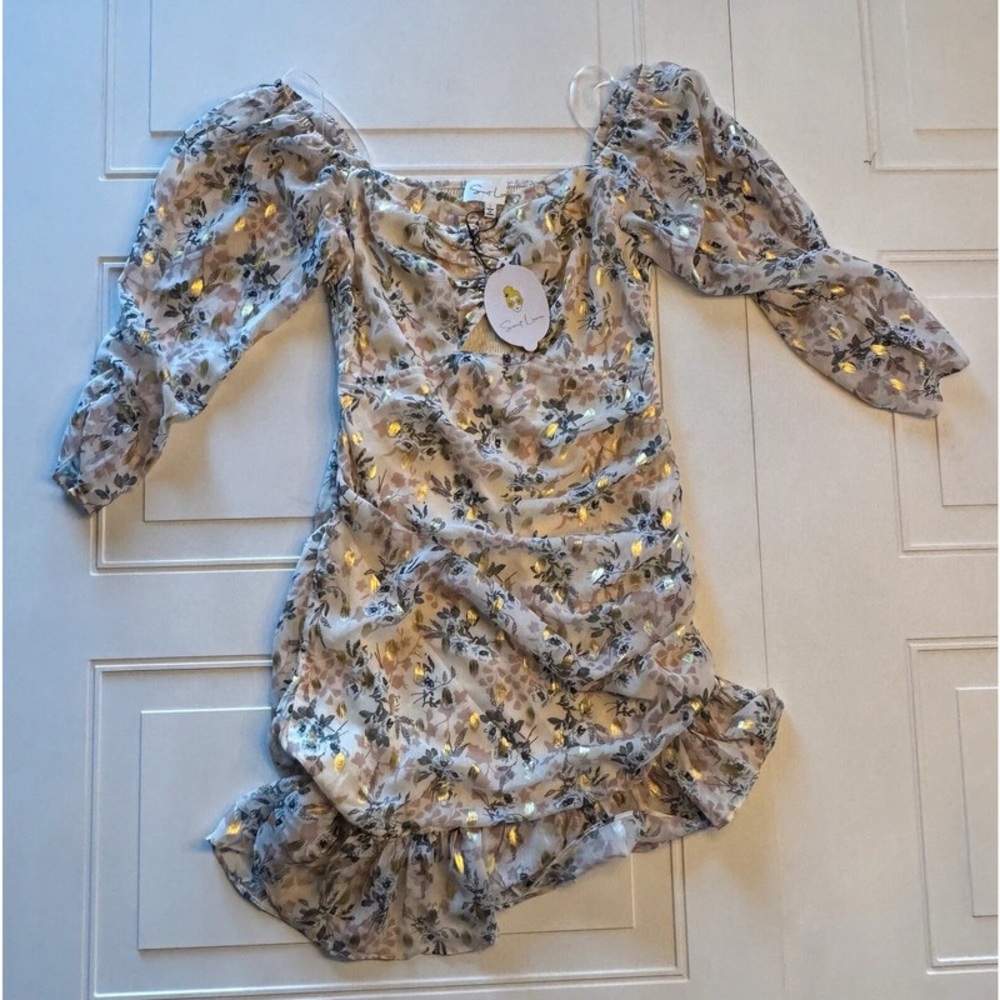 Tan and Gray Ruched Midi Dress with Puff Sleeves